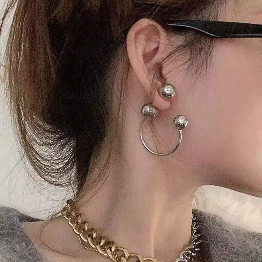 Vintage Fashion U-Shaped Round Bead Geometric Earrings Exquisite Temperament Internet Celebrity Niche Design Sense Stud Earrings New Model - Silver Version - View 1