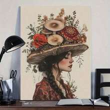 1 Pieza Elegante Marco de Lienzo de Mujer en Forma de Hongo - Arte Botánico Vintage con Adornos Florales y de Hojas, Ella/Él - Decoración de Pared Exquisita para Sala de Estar, Dormitorio, Lado del Sofá, Ambiente Otoñal, Marco de Madera de Pino, Decoración de Hongo para Dormitorio - Multicolor - Ver 6