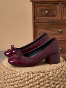 Zapatos de tacón cuadrado con lazo, de dos tonos y textura, en color caoba - 5cm - Color caoba - Ver 3