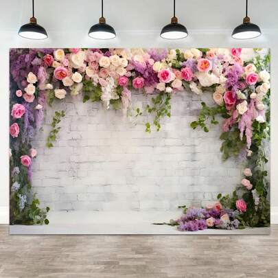 1pc Vintage White Brick Wall Floral Background, Polyester Material, Vine Leaf Rose Flower Photography Background, Bridal Shower Wedding Party Birthday Banner Decoration, Adult Portrait Photo Booth Props, Wedding Party Supplies, Anniversary Love Theme, Indoor And Outdoor Decoration, Garden Party Wall Decoration, Photography Background.
