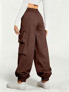1pc Tween Girls Outdoor Street Casual Solid Color Cargo Pants - Brown - View 2