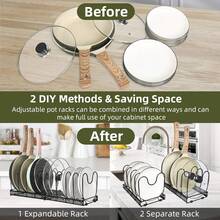 Estante para ollas: organizador extensible para armarios, soporte para tapas con 10 compartimentos ajustables para utensilios de cocina, armarios de cocina y rejillas para freír. - Negro - Ver 3