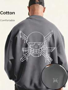 1pc Men's Black Pullover Pullover Sweatshirt, Unisex Couple Matching, Thermal Lined, Round Neck Sweatshirt, Casual Commuting Back To School Wear, Funny Anime Skeleton Print Design, Suitable For Anime Fans, Popular Style - Grey - View 1