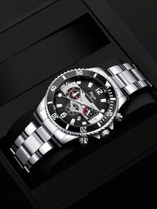 3pcs Men's Versatile Wallet + Long-Lasting Fragrance Perfume And Business Sports Steel Band Wrist Watch Elegant Gift Set, Perfect For Christmas, Valentine's Day, Birthday - Black - View 4