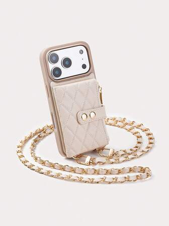 1个菱形双扣香氛手机拉链袋，奢华简约零钱包，可拆卸卡槽和皮革肩带，大容量零钱卡收纳，优质仿皮绗缝材质，兼容/Galaxy S24 Ultra、17 Pro Max/16 Pro Max/12 Pro/13/14 Plus/15 Pro Max，斜挎旅行便携保护套