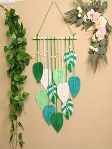 1pc Bohemian Handmade Woven Leaf Tapestry, Room Decor Hanging Wall Art With Tassels, Photo Display For Bedroom - Green - View 12