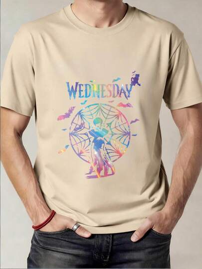 Camiseta Negra con Estampado de Wednesday Addams y Red Web Arcoíris para Hombres y Mujeres Ideal para Fiesta de Halloween y Eventos Temáticos