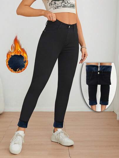 Women's Winter Casual Washed Black Skinny Jeans, Long Warm Lining, High Stretch Pants, Suitable For Winter Wear