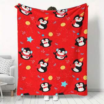 1 st mjuk och mysig flanellfilt med festligt tecknat pingvintryck på röd bakgrund, lapptäcksdesign, varm och mångsidig för alla årstider, lämplig som nyårspresent till soffa, säng, resor och camping
