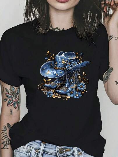 Camiseta de Manga Corta para Mujeres - 100%, Transpirable, Cuello Redondo, Gráfico de Sombrero de Mago y Caldero, Ajuste Holgado, Comodidad para Todas las Estaciones, Regalo Perfecto para las Fiestas, Ropa Festiva| Diseño caprichoso| Textura suave