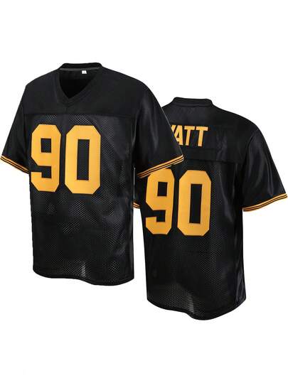 Atonmore Camiseta de rugby de manga corta con cuello en V, bordada y con costuras, de estilo casual para hombres, con el número 90 en negro