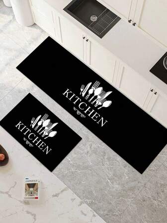 1pc Creative Black Background Kitchenware Pattern, Luxurious Minimalist Style, Approximately 3mm Thick Absorbent Kitchen Mat/Carpet Set, Washable, Suitable For Kitchen, Bathroom, Entryway, Laundry Room, Study, Living Room, Bedroom, Hallway