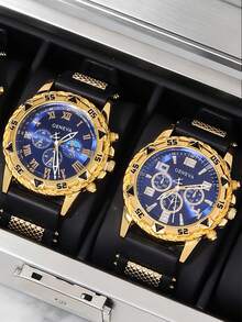 这款4件套男士金蓝撞色腕表套装是男士礼品和配饰的绝佳选择。采用金蓝撞色设计，搭配铆钉表盘，适合各种场合：商务通勤时，搭配西装可提升专业精致感，打破职场着装的单调；