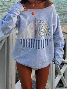 1Pcs  Off-Shoulder 3D Sailboat Geometric Pattern Patch Long-Sleeved Sweatshirt, 3D Sailboat Pattern, One-Shoulder Large Round Neck Pullover, Women's Clothing For Spring, Autumn And Winter. - Xám - Xem 5