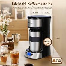 Aigostar Kaffeemaschine mit Thermobecher, 420 ml Filterkaffeemaschine Mit 24h-Timer, LCD-Anzeige, AutoClean-Funktion, Tragbare klein Kaffeemaschine für gemahlenen Kaffee, 700W, Schwarz - EU E-Typ Stecker (220-240V) - Übersicht 7