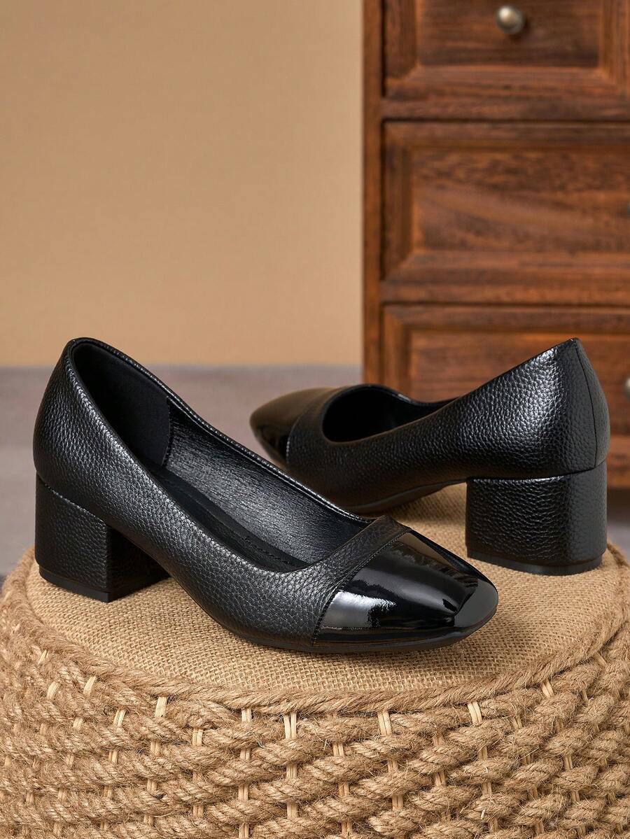 Black Patent Two-Tone Grain-Texture Square Toe Block Heel Pumps – 5cm - Black - View 1