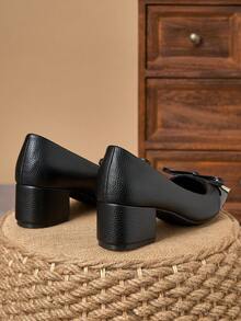 黑色漆皮双色纹理方头蝴蝶结粗跟高跟鞋 – 5厘米 - 黑色 - 查看 6