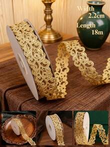 Fita de renda vazada dourada vintage de 20 jardas - Fita elegante de poliéster para costura, tricô e projetos DIY. Ideal para decoração de Dia das Mães, aniversários, casamentos, laços, sacolas de presente e artesanato.