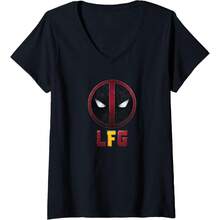 SLAWWomens Deadpool And Wolverine LFG Belt Buckle Face Logo V-Neck T-Shirt - Black - View 5