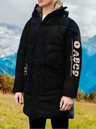 เสื้อแจ็คเก็ตดาวน์มีฮู้ดแบบหนาสำหรับผู้ชาย ทรงหลวม ซิปยาว ลายตัวอักษรใหม่