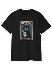 Ladies' Short-Sleeved T-Shirt Black Cat Pattern Holding A Wine Bottle Decoration "SHOW ME YOUR TITO's" Text Black Round-Neck Top - màu đen - Xem 1