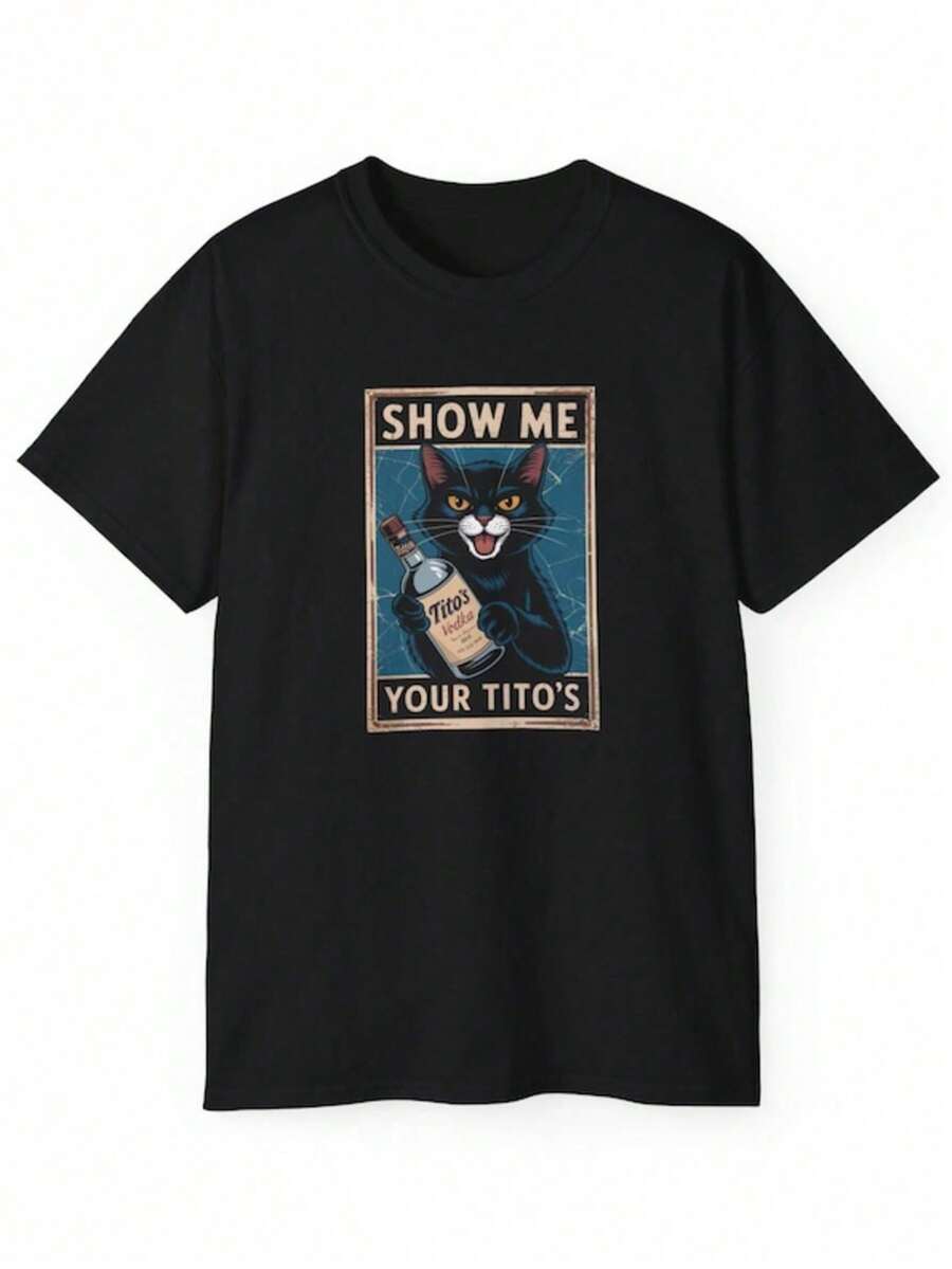 Ladies' Short-Sleeved T-Shirt Black Cat Pattern Holding A Wine Bottle Decoration "SHOW ME YOUR TITO's" Text Black Round-Neck Top - màu đen - Xem 1