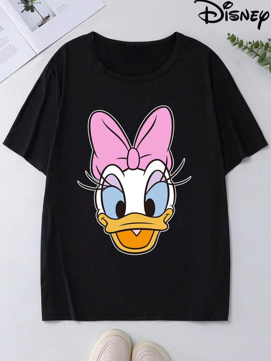 Disney Plus Size Women Casual T-Shirt, - Daisy Duck Graphic Round Neck Short Sleeve Top, Stretchy Washable Fabric, Comfortable Apparel | Urban Chic | Casual Style - Black - View 1