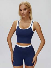 MASKERT Bộ đồ thể thao 3 món phối màu dành cho nữ: Áo tank top không tay dáng ngắn hai trong một + quần short cạp cao, thiết kế ôm sát, tôn dáng, thích hợp cho yoga và thể dục. - Màu xanh hải quân - Xem 6