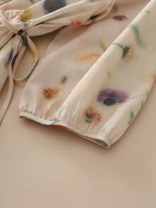 Women's Casual Elegant Bohemian Style Mid-Length Dress, V-Neck Half Sleeve, Drawstring Design, With Pockets, Semi-Sheer Woven Fabric, Creating A Retro Look - Multicolor - View 8