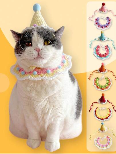 1 Set Cat Birthday Hat Pet First Birthday Party Dress Up Atmosphere Photo Decoration Dog Scarf Cute Handmade Set Pet Birthday Supplies, Party Hat For Cat, Dog Bandana, Birthday Photo Prop, Pet Celebration Decor, Handmade Pet Decor