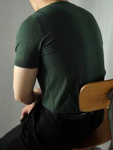 男士素色條紋針織上衣 - 墨綠色 - 查看 2