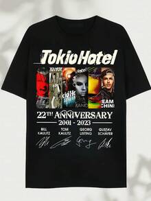 Tokio Hotel 22nd Anniversary Band Members Autograph Graphic T-Shirt - 100% Cotton Regular Fit Short Sleeve Shirt, Black With White Print, Sizes S-5XL For Men Casual Wear & Music Fan Merchandise, Band T-Shirts, Fan Items, Celebration - Black - View 6