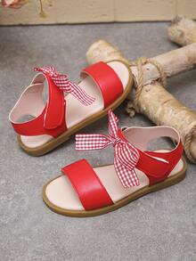 Kids' Gingham Bow-Accented Open-Toe Sandals For Summer Outdoor Adventures, Back-To-School Playdates, Christmas Party Celebrations & Family Holiday Getaways – Comfortable Strap Footwear For Little Kids - Red - View 2
