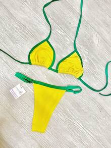 Biquini  Casual    Tecido    Nó  Costas nuas / sem costas  Tie Back    biquini  Férias  Praia  Feriado  viagem - Amarelo - Visão 5