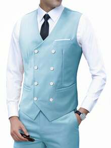 Men's Fashion New Business Solid Color Slim Fit Stretch 3 PiecesSuit Set, Including Double-Breasted Vest, Pants, Work/Formal Wear Tuxedo - Cadet Blue - View 4