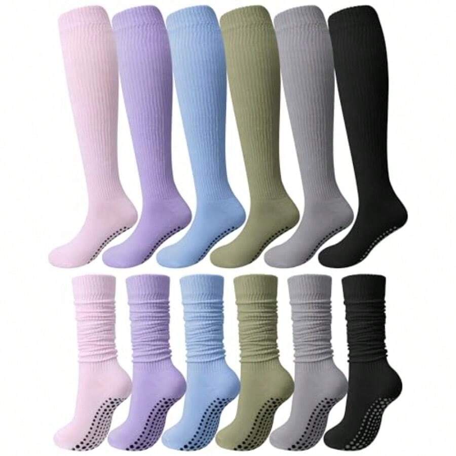 Eurzom - 6 pares de calcetines de pilates con empuñaduras para mujer calcetines largos de yoga antideslizantes para yoga barra entrenamiento en casa hospital - como en la foto - Ver 1