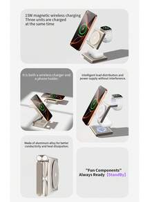 1pc 3-In-1 Wireless Charger, Metal Magnetic 15W Qi2 Fast Wireless Charging Pad Compatible With Smartphone, Watch & Earbuds, Crystal Panel Physical Cooling - Yellow - View 8