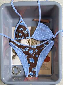 Women's Floral Print Bikini & Beach Outfit Set, Summer Vacation Swimsuit & Beach Wear - Blue Coffee - View 2