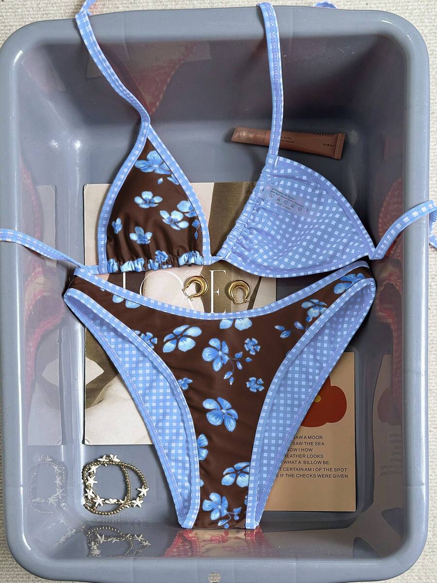 Women's Floral Print Bikini & Beach Outfit Set, Summer Vacation Swimsuit & Beach Wear
