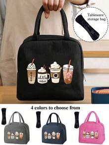 4-Cup Boba Tea Pattern Insulated Lunch Bag, Pink Heart & "True Love" Graphic Insulated Lunch Box With Black Utensil Pouch, Large Capacity Student Thermal Cooler Bag - Multicolor - View 18