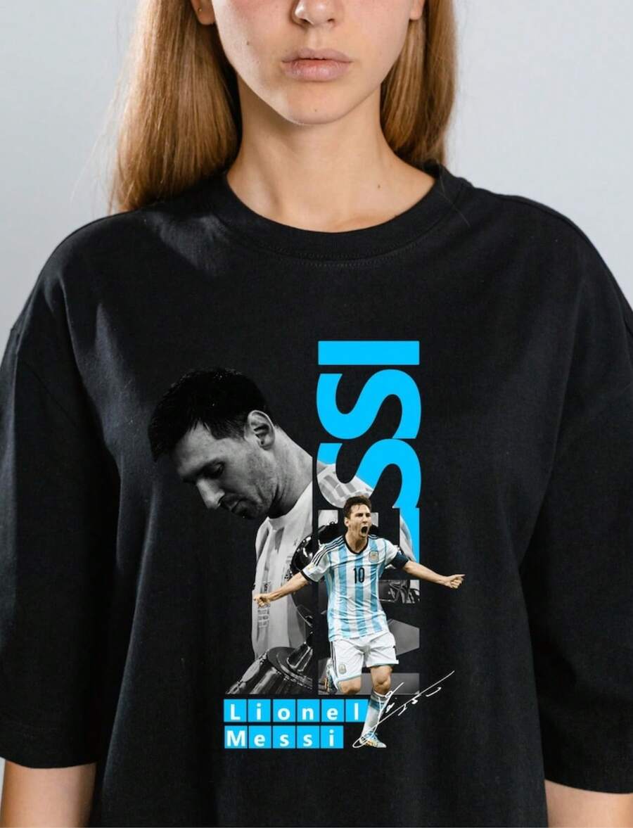 Sports Theme Lionel  Graphic Print Crew Neck T-Shirt With Portrait Collage Bold Number Blue Accents Short Sleeve Casual Style Relaxed Fit Garment Suitable For All Seasons Machine Wash Cold Tumble Dry Low For Sports Events And Casual Gatherings Including Sweatshirt Casual Wear Tops Plus Size Clothes Business Casual Y2k - 黑色 - 查看 1