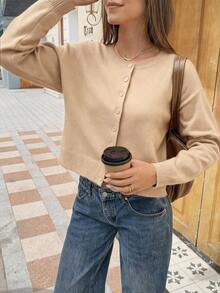 FOR BEAUTY Áo cardigan nữ mùa thu Y2K màu trơn cổ tròn cài nút trước tay dài dệt kim phong cách casual thanh lịch sang chảnh đi hẹn hò đi làm đi chơi - Gạo Mơ - Xem 2