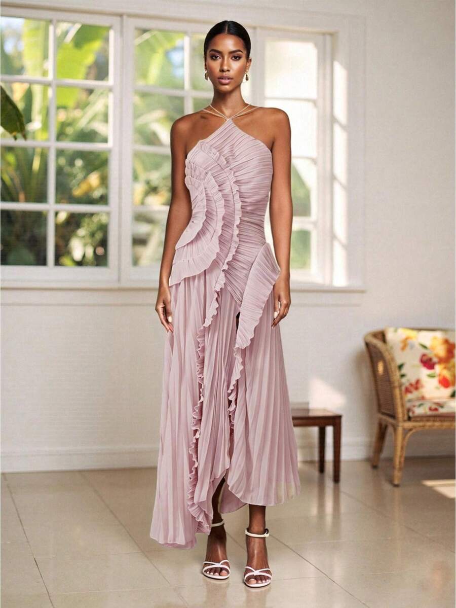 Women's Ruffle Halter Dress Sleeveless Solid Color Long Flowy Dress Summer A-Line Dress - Mauve Purple - View 1