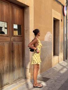 VIBEWAVE French Polka Dot Chiffon Dress, Sexy Halter Neck, Deep Ruffle Collar, Open Back, Mini Skirt - Yellow - View 5