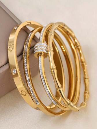 4件套/1件装奢华优雅不锈钢四叶草手链套装，适合多种场合佩戴，也是馈赠亲友的佳品。