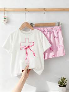 少女休闲时尚通勤交叉蝴蝶结印花落肩宽松T恤和条纹短裤套装，夏季 - 白色 - 查看 3