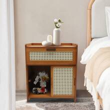 2-Tier Bamboo Nightstand With Slide Door, End Table For Bedroom Living Room, Accent Table For Guest Room, Bedside Table Storage Cabinet Nightstand, Bamboo Night Stand With Drawer, Bohemian Bedside Table For Home And Office - 棕色 - 查看 1