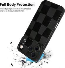 Funda KANGHAR compatible con 14, patrón de cuadros de silicona, funda de teléfono suave y delgada con protección para cámara para chicas y mujeres - Funda de teléfono creativa negra, a prueba de golpes y resistente a caídas, protección completa, adecuada para 17/17ProMax/iPhone16/16Plus/16Pro/16ProMax, iPhone15/15Plus/15Pro/15ProMax, iPhone14/14Plus/14Pro/14ProMax, iPhone13/13Pro/13ProMax, regalo perfecto para novia, novio, Día de San Valentín, Navidad - Negro - Ver 3