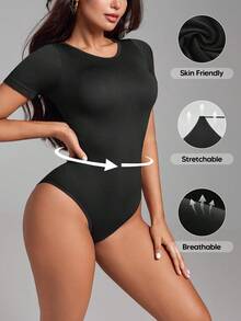 Mono acanalado, mono moldeador para el Día de San Valentín para mujer, control de abdomen, parte superior de manga corta - Negro - Ver 4