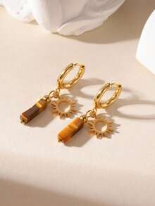 GEREIT 1 Pair 18K Stainless Steel Natural Stone Radiating Wheat Earrings, Suitable For Women's Daily Wear (Natural Stone Veining Is Random)